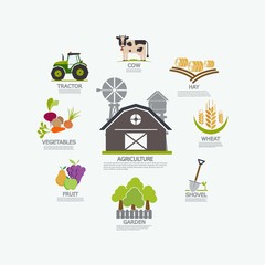 illustration agriculture. Cow, tractor, vegetables, fruit, garden, shovel, wheat, hay. Light background