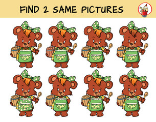 Little bear girl with a barrel of honey and a spoon. Find two same pictures. Educational game for children. Cartoon vector illustration