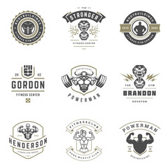 Obraz premium Fitness center and sport gym logos and badges design set vector illustration.