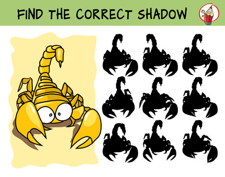 Scorpio. Find the correct shadow. Educational matching game for children. Cartoon vector illustration