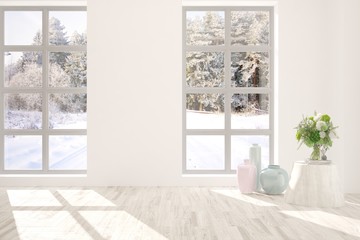 Naklejka na ściany i meble White stylish empty room with winter landscape in window. Scandinavian interior design. 3D illustration