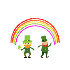 Two cute St Patrick's day leprechaun cartoon character under a rainbow