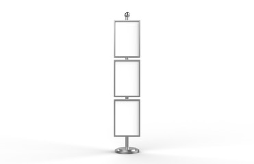 Poster stand takes multiple A2, A3, A4, A5 posters on a tall stand, mock up template for retail displays in stores as a shop poster stand, 3d illustration