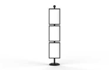 Poster stand takes multiple A2, A3, A4, A5 posters on a tall stand, mock up template for retail displays in stores as a shop poster stand, 3d illustration