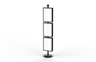 Poster stand takes multiple A2, A3, A4, A5 posters on a tall stand, mock up template for retail displays in stores as a shop poster stand, 3d illustration