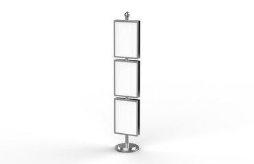 Poster stand takes multiple A2, A3, A4, A5 posters on a tall stand, mock up template for retail displays in stores as a shop poster stand, 3d illustration