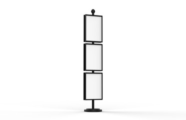 Poster stand takes multiple A2, A3, A4, A5 posters on a tall stand, mock up template for retail displays in stores as a shop poster stand, 3d illustration