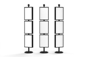 Poster stand takes multiple A2, A3, A4, A5 posters on a tall stand, mock up template for retail displays in stores as a shop poster stand, 3d illustration