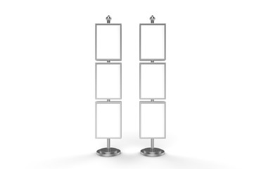 Poster stand takes multiple A2, A3, A4, A5 posters on a tall stand, mock up template for retail displays in stores as a shop poster stand, 3d illustration