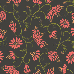 Obraz premium Beautiful pink wild flowers with leaves on green background seamless vector floral pattern background.