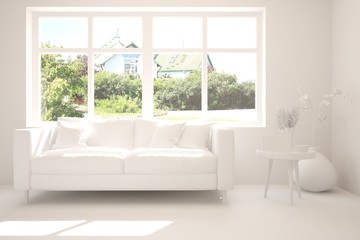Fototapeta na wymiar Stylish room in white color with sofa and green landscape in window. Scandinavian interior design. 3D illustration