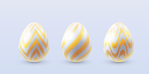 Vector set of white 3d Easter eggs with gold pattern decoration isolated on white background.