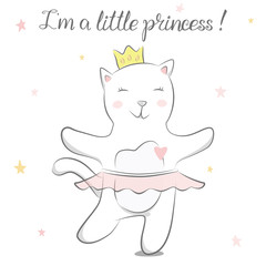 Cute baby kitty. Little cat girl dancing. Hand drawn vector illustration.