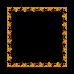 square frame with seamless meander pattern. greek fret repeated motif.  greek key. meandros, a decorative border from continuous lines. orange vector border on simple black background