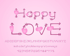 Cute Alphabet with pink love hearts. Romantic card Happy love. Vector letters and numbers