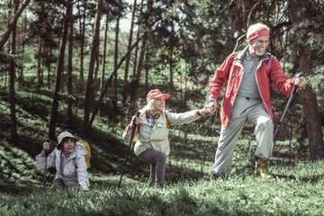 Fototapeta premium Caucasian old woman asking for help her mate