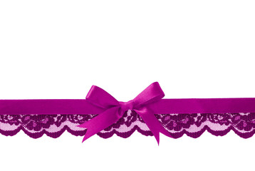 Violet lace and satin bow in line arrangement