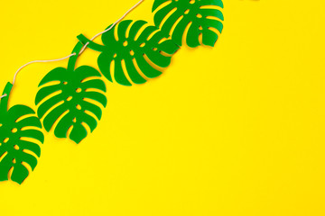 Fototapeta na wymiar Summer Tropical leaves, plants Frame. Paper cut style.