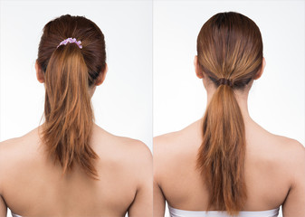 Asian Woman after applying make up hair style. no retouch, fresh face with back view of brown hair...