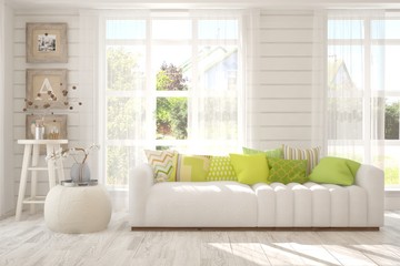 Fototapeta premium White stylish minimalist room with sofa and summer landscape in window. Scandinavian interior design. 3D illustration