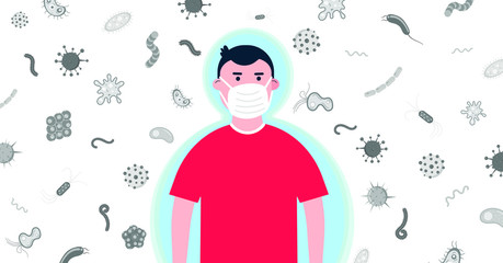 Kid boy with protection mask with grayscale bacterias and microbs behind him flat style design vector illustration isolated on white background. Flu and season diseases protection concept. Be healthy!
