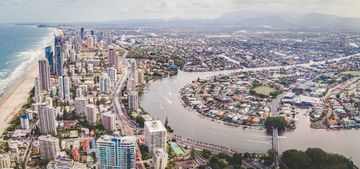 Aerial panorama of Gold Coast city and Nerang river in Queensland, Australia