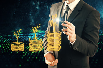 Double exposure with growth coins columns and man hand. Concept of success savings and capital.