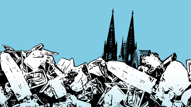 Illustration of a garbage mountain in Cologne. Waste in modern society. Plastic waste in pop art with cologne cathedral