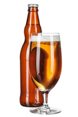 Beer bottle and beer glass on white background