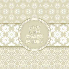 Olive green and white floral seamless patterns. Compilation of designs with flowers