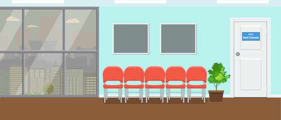 Waiting room for patients at dental office. Large window and cityscape view. Vector illustration.