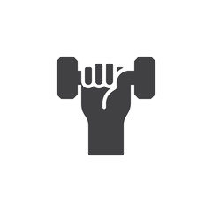 Hand with dumbbell vector icon. filled flat sign for mobile concept and web design. Hand holding gym barbell simple glyph icon. Fitness and workout symbol, logo illustration. Pixel perfect vector 