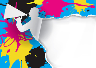  Male silhouettte with megaphone and colorful splashes.  Male silhouette ripped paper with ink splatters and with space for your text or image. Vector available.