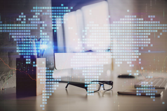 Double exposure of World map polygonal with work space background. Globalization concept.