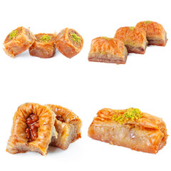 Tasty oriental sweets collage isolated on white