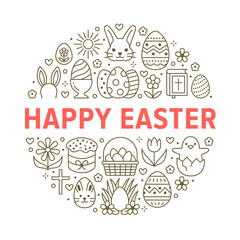 Easter card circle template with flat line icons. Colored eggs, basket, egg hunt, rabbit, spring flowers, cake round vector illustration. Thin signs poster for christianity celebration