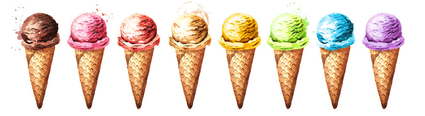Various ice cream scoops in waffles set. Watercolor hand drawn illustration, isolated on white background
