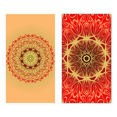 Design Vintage Cards With Floral Mandala Pattern And Ornaments. Vector illustration. Gold, red color. For Wedding, Bridal, Valentine's Day, Greeting Card Invitation.