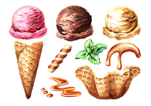 Various ice cream elements set. Watercolor hand drawn illustration, isolated on white background