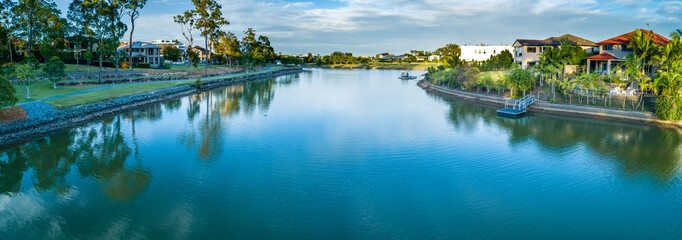 Aerial panorama of Reedy Creek and walking trail in Varsity Lakes, Gold Coast, Queensland, Australia