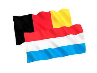 National fabric flags of Belgium and Luxembourg isolated on white background. 3d rendering illustration. 1 to 2 proportion.