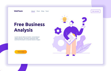 Vector flat line style business teamwork and idea design concept with big modern person, light bulb, question sign. Trendy brainstorming illustration with man, cogs, leaves.