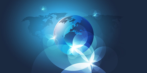 Fototapeta na wymiar Earth Globe and World Map Design with Light Flares - Global Business, Technology, Globalisation Concept, Vector Template Layout 
