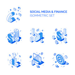 Isometric social media and finance compositions set. Line style 3D vector illustrations data analysis, money and advertisement