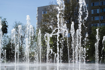 Water splashes during slow motion at fast shutter speed. Spray from fountain