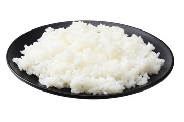 White rice in black bowl isolated on white background