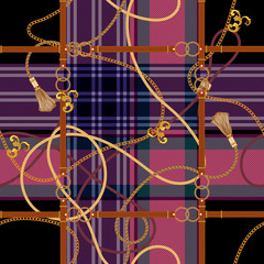 Baroque check seamless pattern with chains ad belts. Vector patch for fabric, scarf.