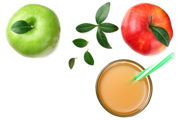 green and red apples with apple juice isolated on white background. top view