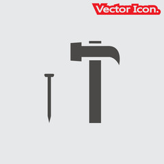 Hammer and nails icon isolated sign symbol and flat style for app, web and digital design. Vector illustration.