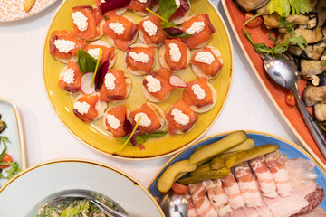 Festive table with bright snacks